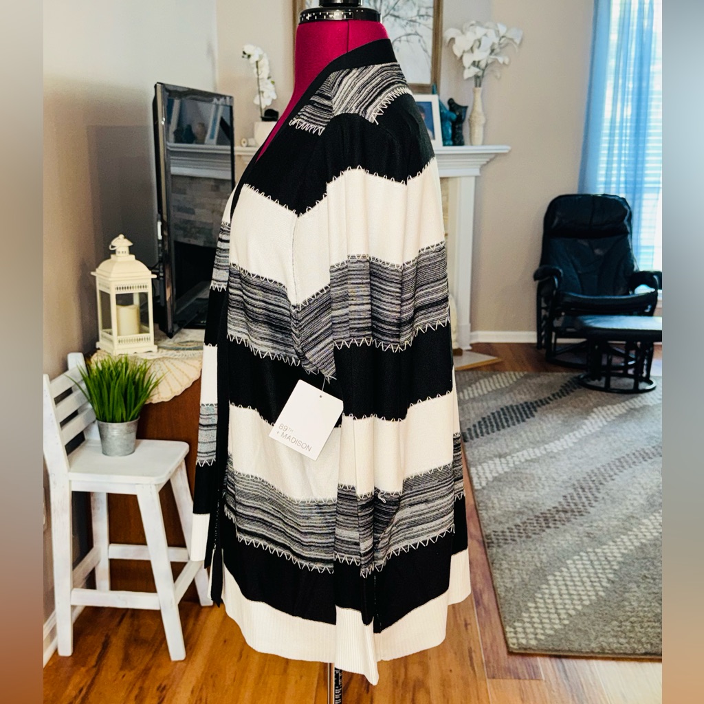 89th Madison New Women Striped Open Front Black White Cardigan Sweater, 2x — image 3 of 8